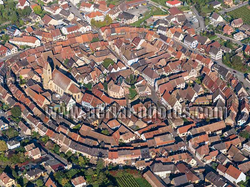 Aerial photo of Eguisheim in Haut-Rhin, Alsace, Grand Est, France. Vue aérienne.