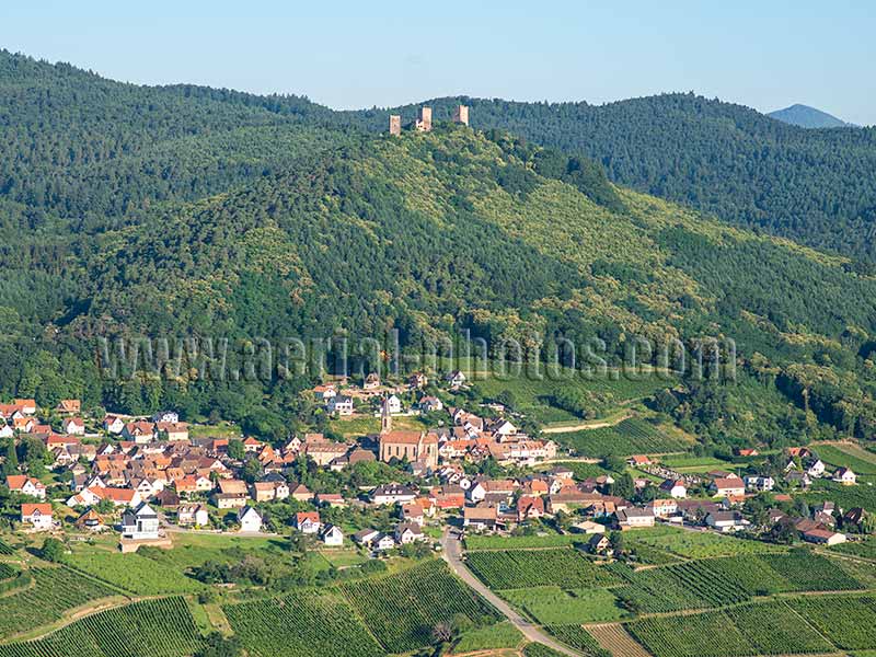 Aerial photo of Husseren-les-Châteaux in Haut-Rhin, Alsace, Grand Est, France. Vue aérienne.
