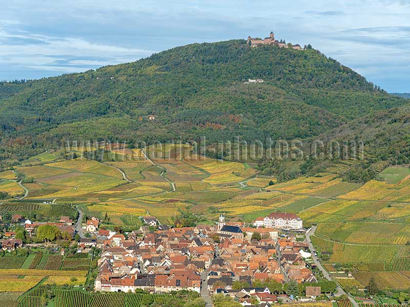 Aerial photo of Saint-Hippolyte with the Haut-Koenigsbourg Castle in Alsace, Grand Est, France. Vue aérienne.