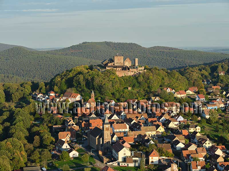 Aerial photo of Lichtenberg Village in Bas-Rhin, Alsace, Grand Est, France. Vue aérienne.