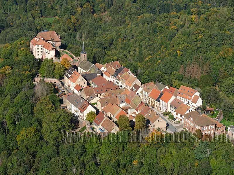 Aerial photo of La Petite Pierre village in Bas-Rhin, Alsace, Grand Est, France. Vue aérienne.