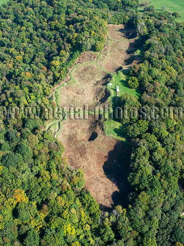 Aerial photo of Mine Craters from World War One, Vauquois Butte, Meuse, Lorraine, Grand Est, France. Vue aérienne.