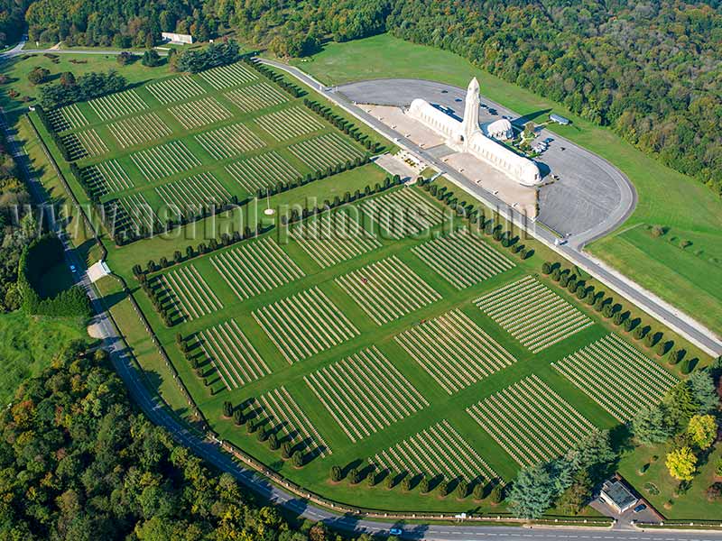 Aerial photo of Douaumont Ossuary and Cemetery, World War One site in Verdun, Meuse, Lorraine, Grand Est, France. Vue aérienne.
