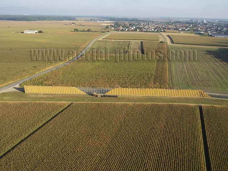 Aerial photo of a corn drying crib in Sundhoffen, Alsace, Grand Est, France. Vue aérienne.