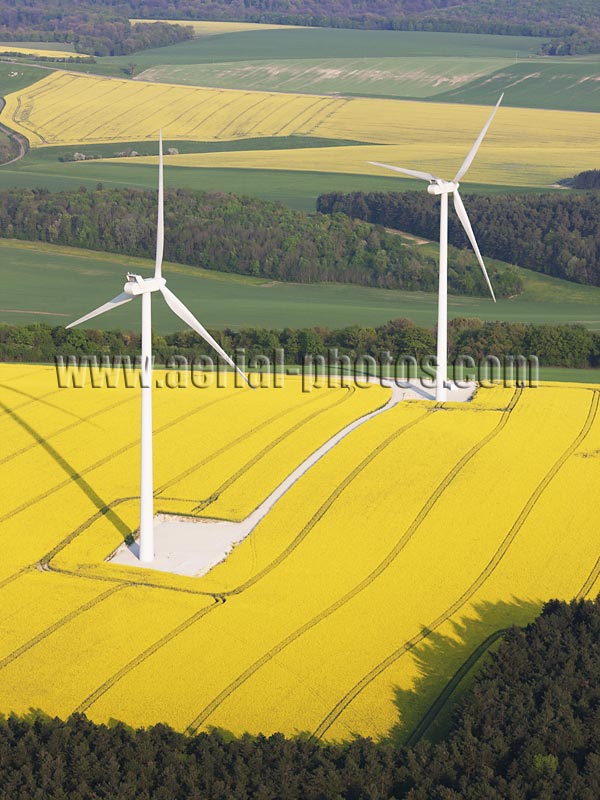 Aerial photo of wind turbines in Rouécourt, Haute-Marne, Champagne-Ardenne, Grand Est, France. Vue aérienne.