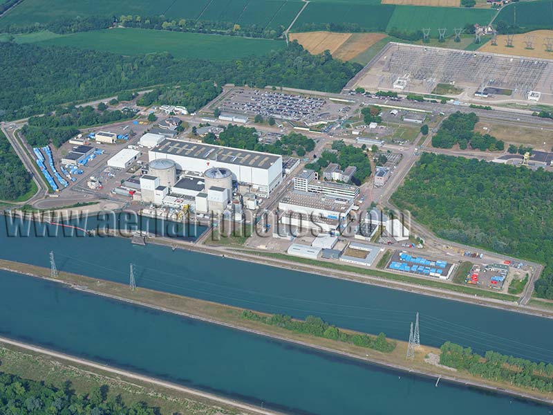 Aerial photo of Fessenheim nuclear power plant in Haut-Rhin, Alsace, Grand Est, France. Vue aérienne. Centrale nucléaire.