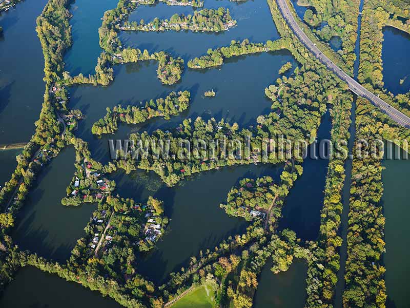 Aerial photo of ponds in Vaux Outre Moselle. Grand Est, France. Vue aérienne.