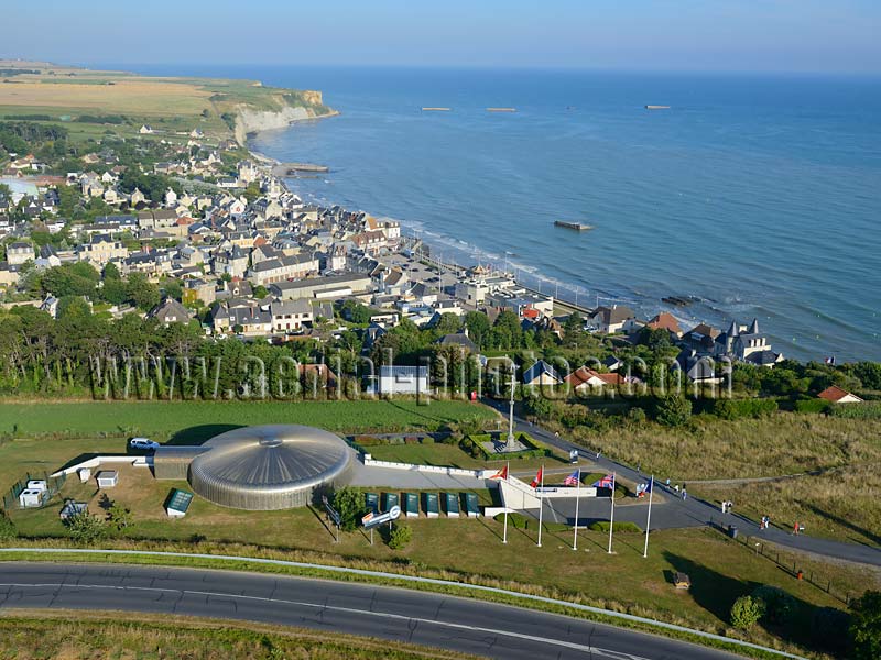 AERIAL VIEW photo of Arromanches-les-Bains, center of the Normandy Landing, France. VUE AERIENNE site du débarquement.
