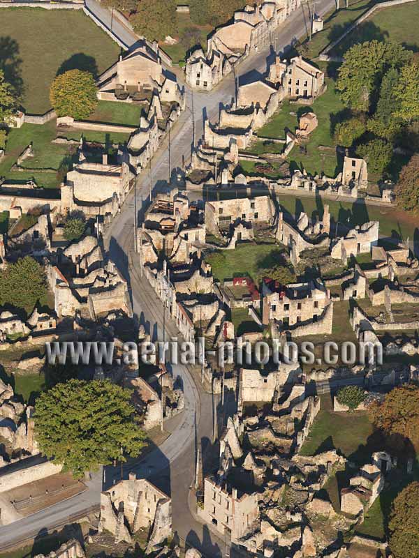AERIAL VIEW photo of a martyr village, Oradour-sur-Glane, Haute-Vienne, Limousin, Nouvelle-Aquitaine, France. VUE AERIENNE.