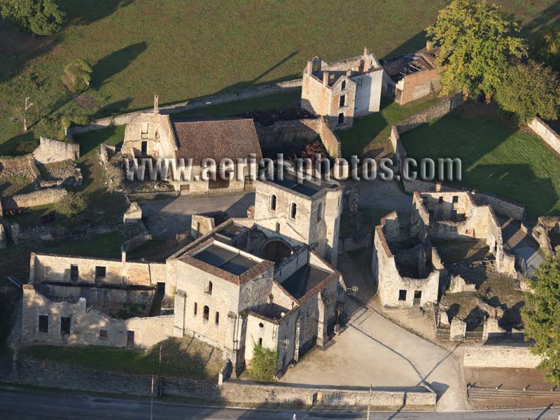 AERIAL VIEW photo of a martyr village, Oradour-sur-Glane, Haute-Vienne, Limousin, Nouvelle-Aquitaine, France. VUE AERIENNE.