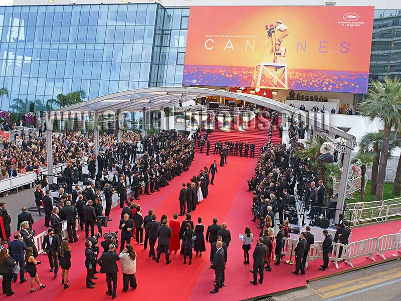 Aerial view of the arrivals of celebrities on the red carpet at the Cannes Film Festival on the French Riviera. Vue aérienne.