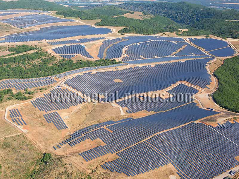 Aerial view of a solar park in Les Mées on the Valensole Plateau in Provence, France. Vue aérienne.