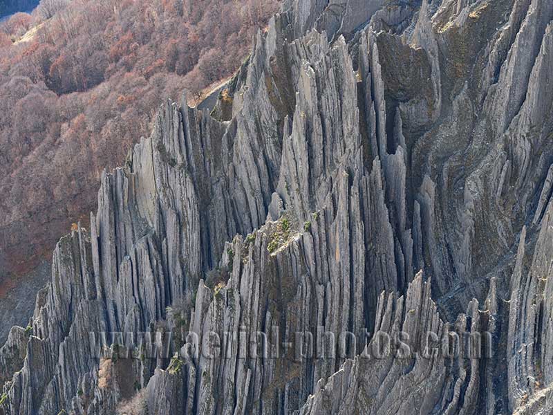 Aerial view of Les Arraches, a sedimentary rock, French Alps. Vue aérienne.