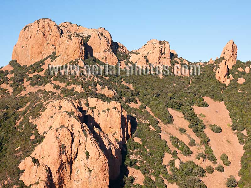 Aerial view of volcanic monoliths in the Estérel Massif, Var, French Riviera. Vue aérienne, Côte d'Azur.