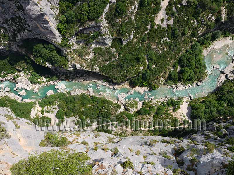 Aerial view of the Verdon River at the bottom of a deep gorge in the Alps, France. Vue aérienne.