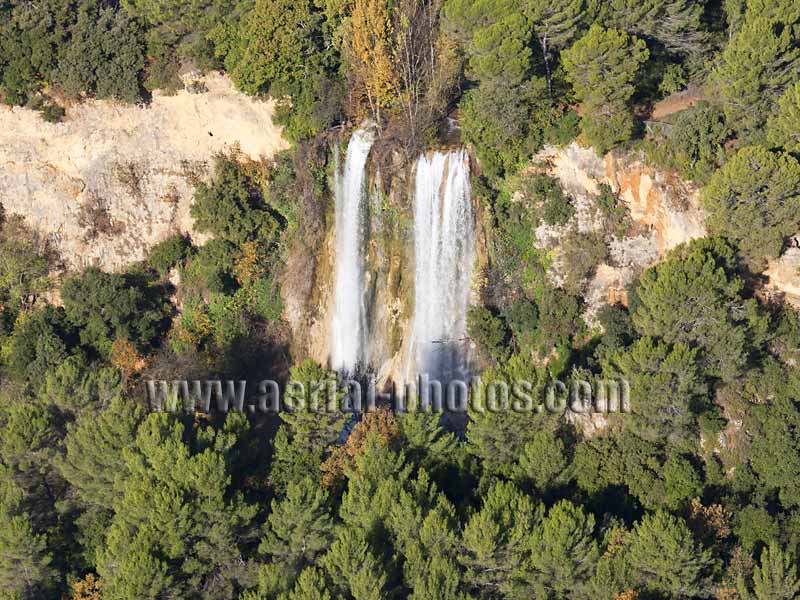 Aerial view of a picturesque waterfall in Sillans-la-Cascade in Provence, France. Vue aérienne.