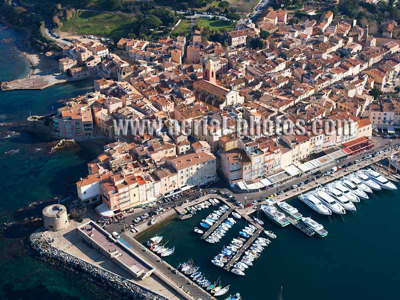 Aerial view of the marina of Saint-Tropez on the French Riviera. Vue aérienne.