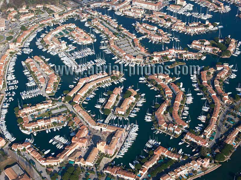 Aerial view, marina, Port Grimaud, Saint-Tropez Gulf, French Riviera, France. VUE AERIENNE Var, Côte d'Azur.