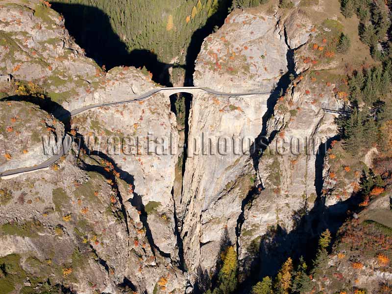 Aerial view of the Châtelet Bridge in the Ubaye Valley of the Alps, France. Vue aérienne.