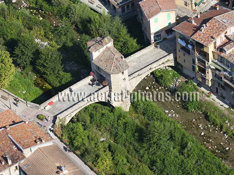 Aerial view of the Old Toll Bridge of Sospel in the French Alps, France. Vue aérienne.