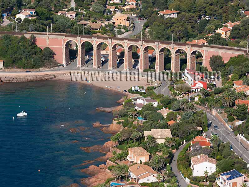 Aerial view of a viaduct in Agay in the Estérel Massif, French Riviera, France. Vue aérienne.