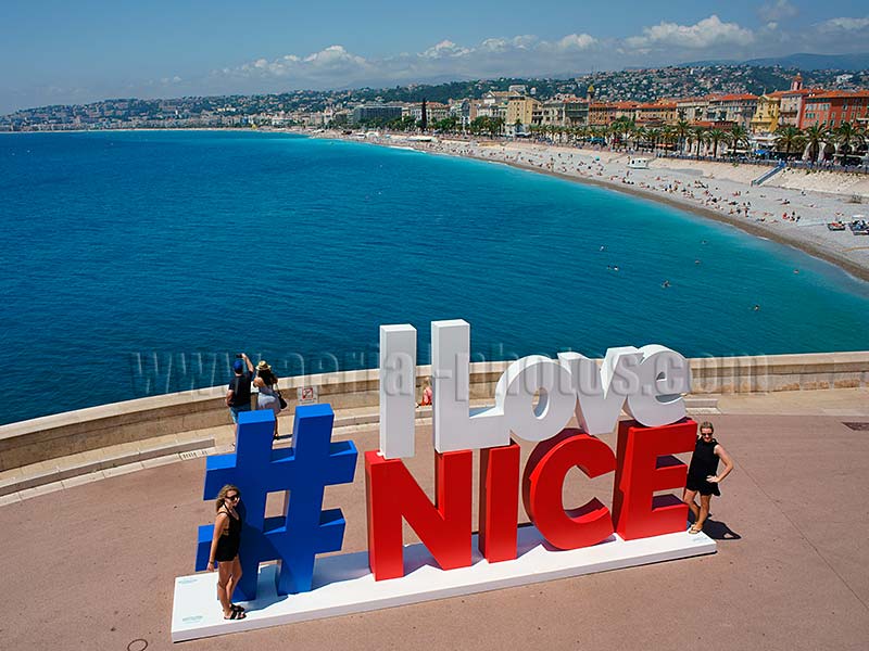 AERIAL VIEW photo of the #ilovenice sign, hashtag I Love Nice, Promenade des Anglais, French Riviera, France. VUE AERIENNE Côte d'Azur, Alpes-Maritimes.