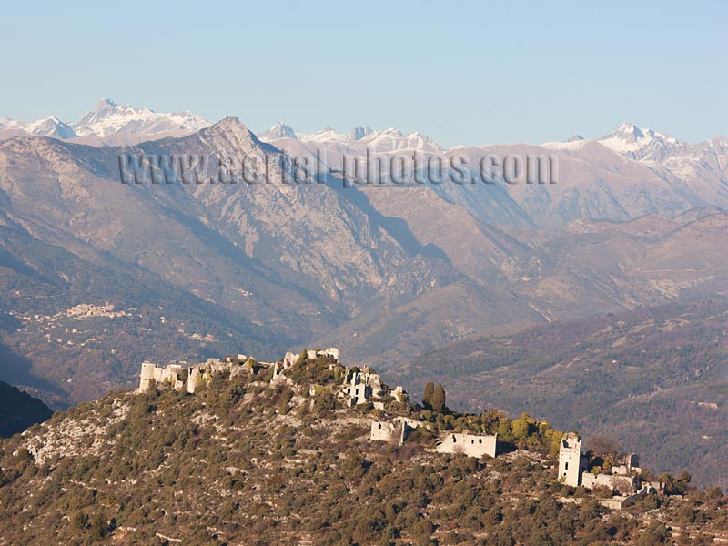Aerial view of Châteauneuf-Villevieille, an abandoned hilltop village on the French Riviera. Vue aérienne.