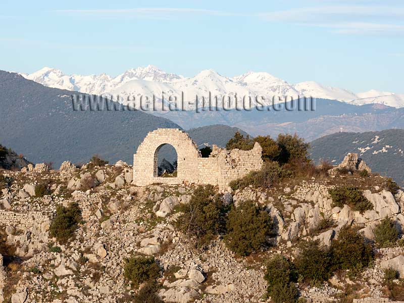 AERIAL VIEW photo of ruins, Aspremont, Mercantour Alps, French Riviera, France. VUE AERIENNE ruine d'Aspremont, Alpes du Mercantour, Côte d'Azur.