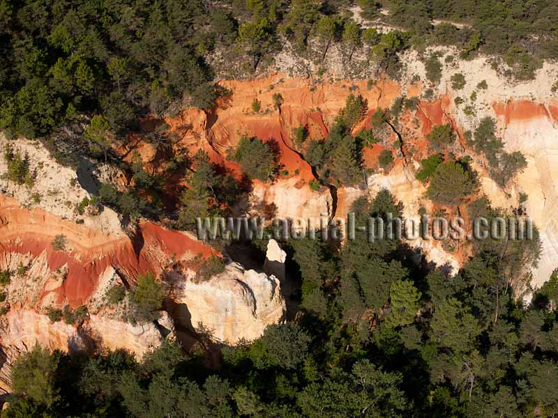 Aerial view, ocher quarry of Rustrel, Colorado Provençal, Vaucluse, Provence, France. VUE AERIENNE carrière d'ocres.