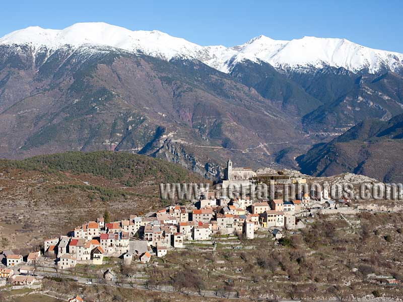 Aerial photo of Ilonse, a hilltop village in the French Alps. Vue aérienne.