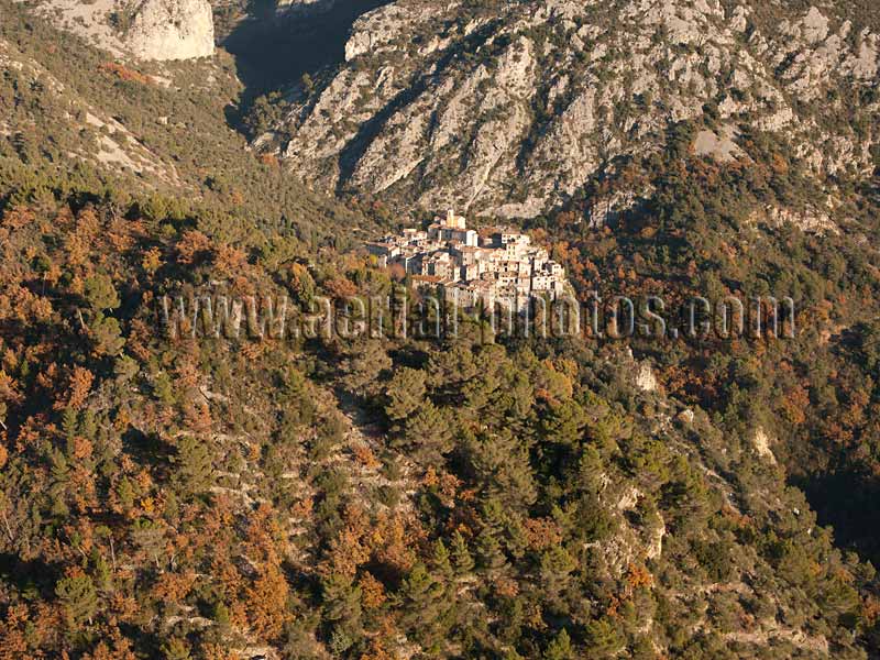 Aerial photo of Peillon, a hilltop village in the French Alps. Vue aérienne.