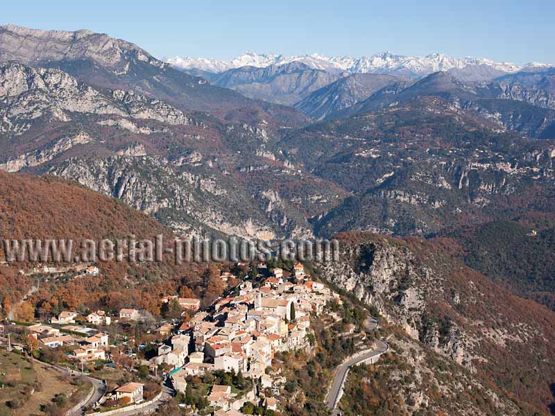 Aerial photo of Bouyon a hilltop village near Nice on the French Riviera. Vue aérienne.