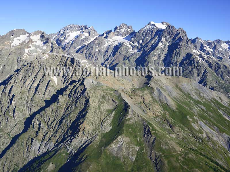 AERIAL VIEW photo of Mount Pelvoux, Écrins National Park, French Alps, France. VUE AERIENNE Mont Pelvoux, Parc National des Écrins, Alpes Françaises.