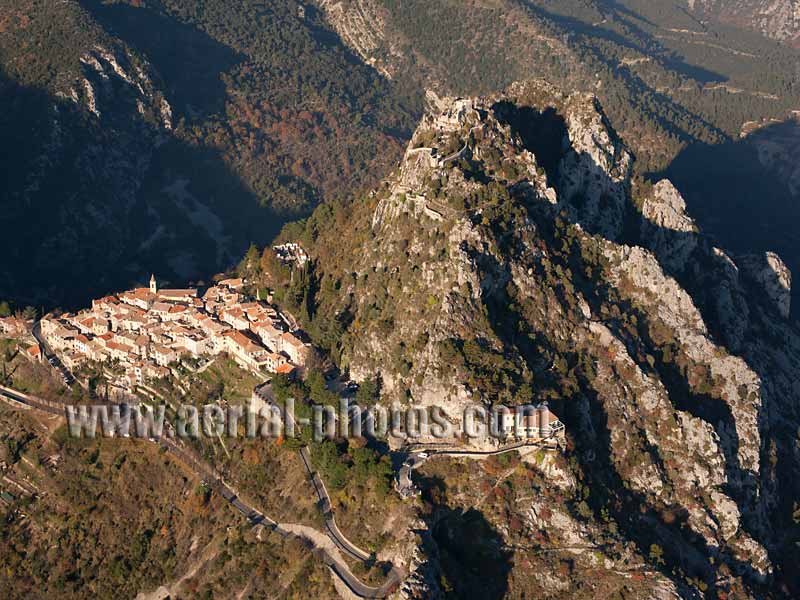 Aerial photo of Saint-Agnès, a hilltop village near the city of Menton on the French Riviera. Vue aérienne.