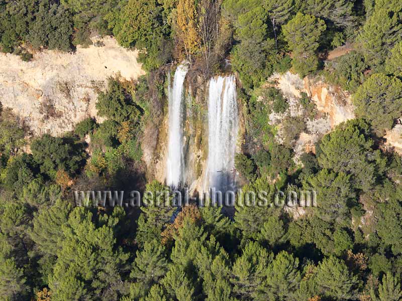 AERIAL VIEW photo of a waterfall, Sillans-la-Cascade, Var, Provence, France. VUE AERIENNE cascade.