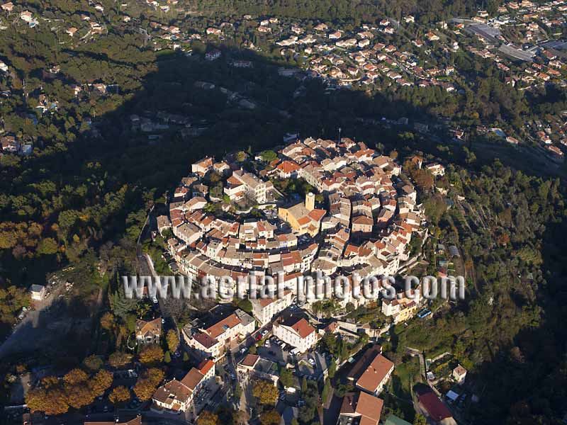 Aerial photo of Gattières, a hilltop village near Nice on the French Riviera. Vue aérienne.