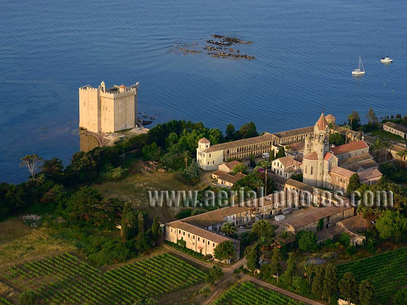 Aerial view of an abbey on Saint-Honorat Island in the Lérins Island on the French Riviera. Vue aérienne.