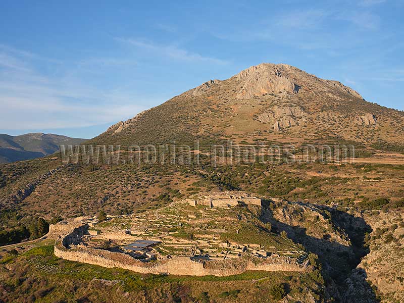 AERIAL VIEW Mycenae, Peloponnese Peninsula, Greece.