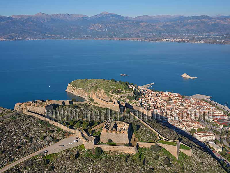 AERIAL VIEW Palamidi Fortress, Nafplio, Peloponnese Peninsula, Greece.