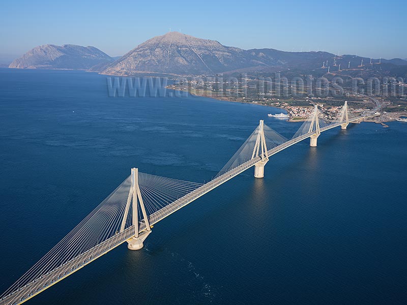 AERIAL VIEW Charilaos Trikoupis Bridge, Peloponnese Peninsula, Greece.
