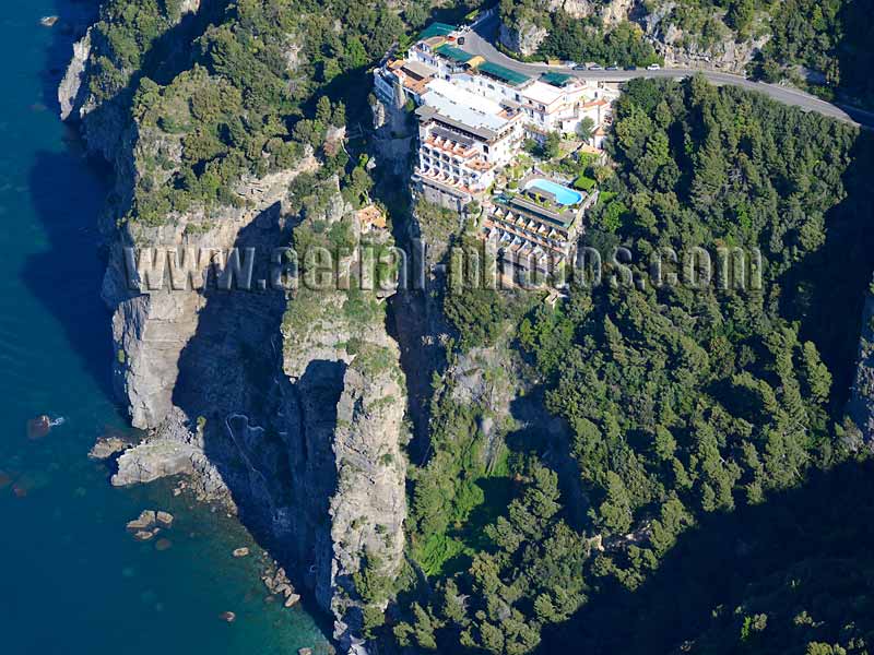 Aerial view of luxury Grand Hotel Tritone, Praiano, Amalfi Coast, Campania, Italy. VEDUTA AEREA foto, Costiera Amalfitana, Italia.