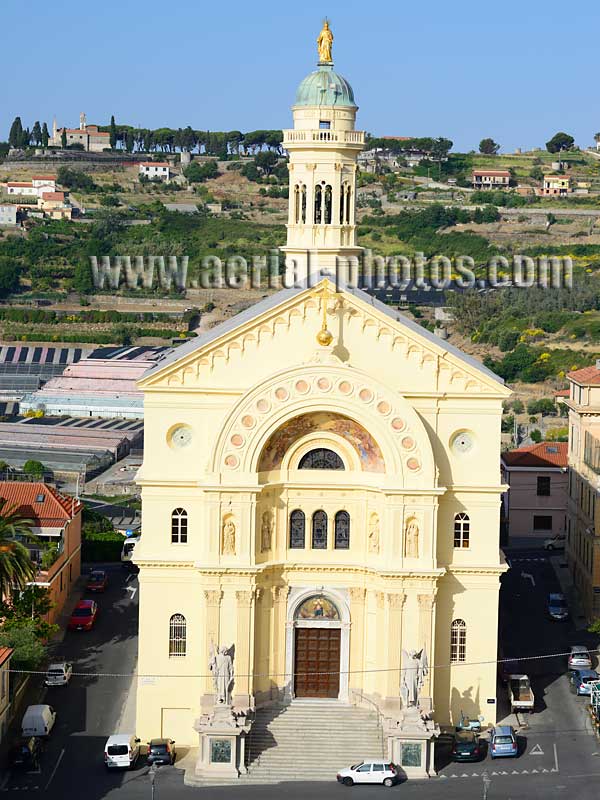AERIAL VIEW photo of Sacro Cuore Sanctuary, Bussana, Liguria, Italy. VEDUTA AEREA foto, Santuario del Sacro Cuore, Italia.