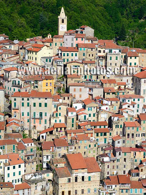 AERIAL VIEW photo of hilltop village, Ceriana, Liguria, Italy. VEDUTA AEREA foto, Borgo Arroccato, Italia.