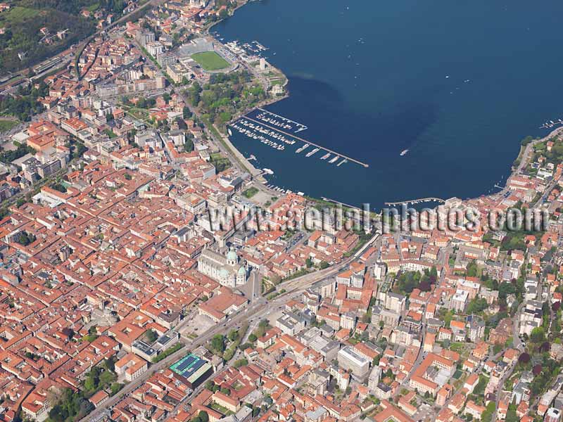 AERIAL VIEW photo of the city of Como, Lake Como, Lombardy, Italy. VEDUTA AEREA foto, Città di Como, Lago di Como, Lombardia, Italia.