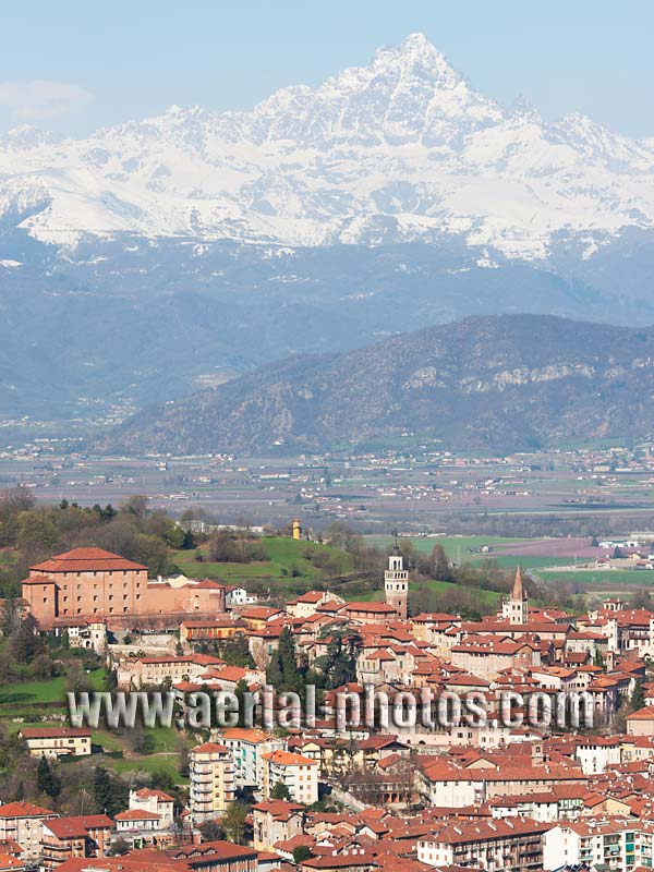 AERIAL VIEW photo of the city of Saluzzo and Mount Viso, Piedmont, Italy. VEDUTA AEREA foto, Monviso - Monte Viso, Piemonte, Italia.