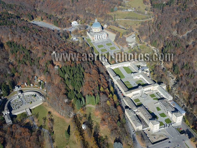 AERIAL VIEW photo of Oropa Sanctuary, Biella, Piedmont, Italy. VEDUTA AEREA foto, Santuario di Oropa, Piemonte, Italia.