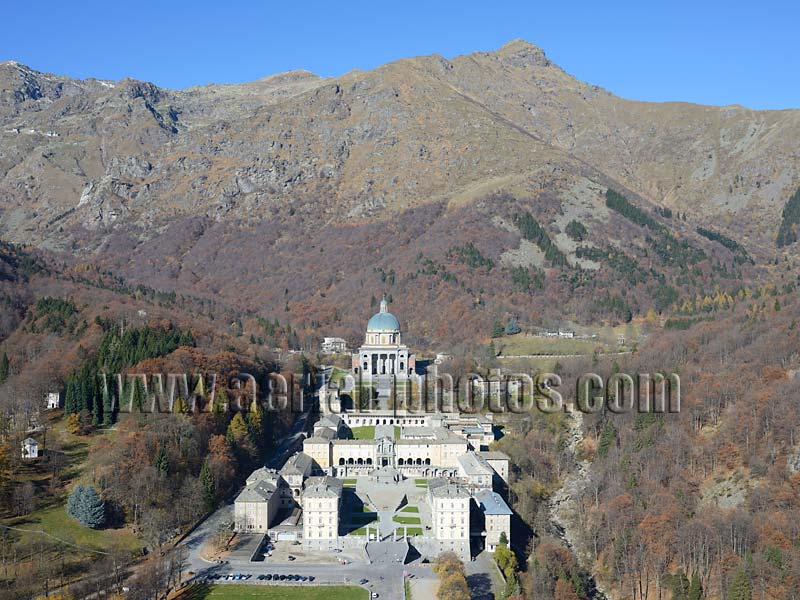 AERIAL VIEW photo of Oropa Sanctuary, Biella, Piedmont, Italy. VEDUTA AEREA foto, Santuario di Oropa, Piemonte, Italia.