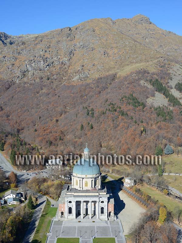 AERIAL VIEW of the Upper Basilica, Oropa Sanctuary, Biella, Piedmont, Italy. VEDUTA AEREA Santuario di Oropa, Italia.