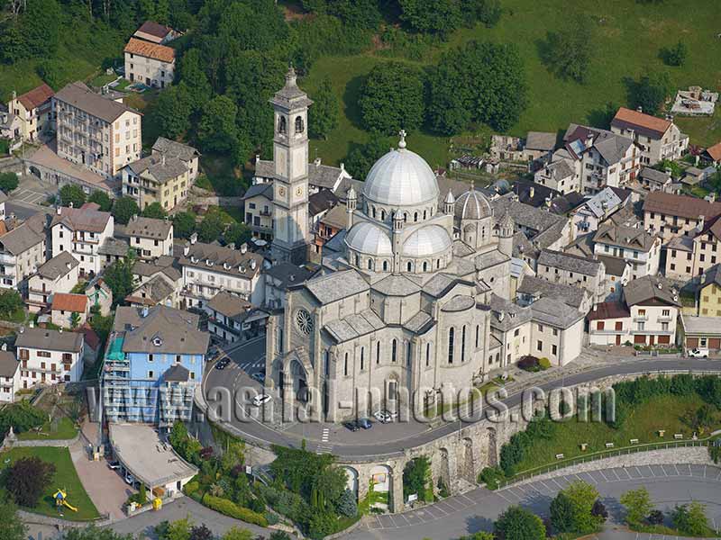 AERIAL VIEW photo of a sanctuary in Re, Piedmont, Italy. VEDUTA AEREA foto, Santuario, Piemonte, Italia.