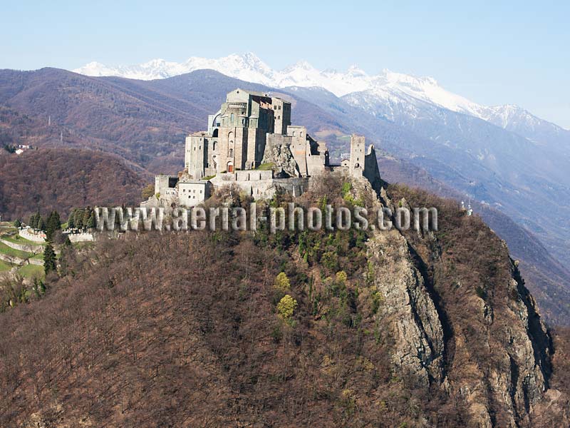 AERIAL VIEW photo of Saint Michael's Abbey, Piedmont, Italy. VEDUTA AEREA foto, Sacra di San Michele, Piemonte, Italia.